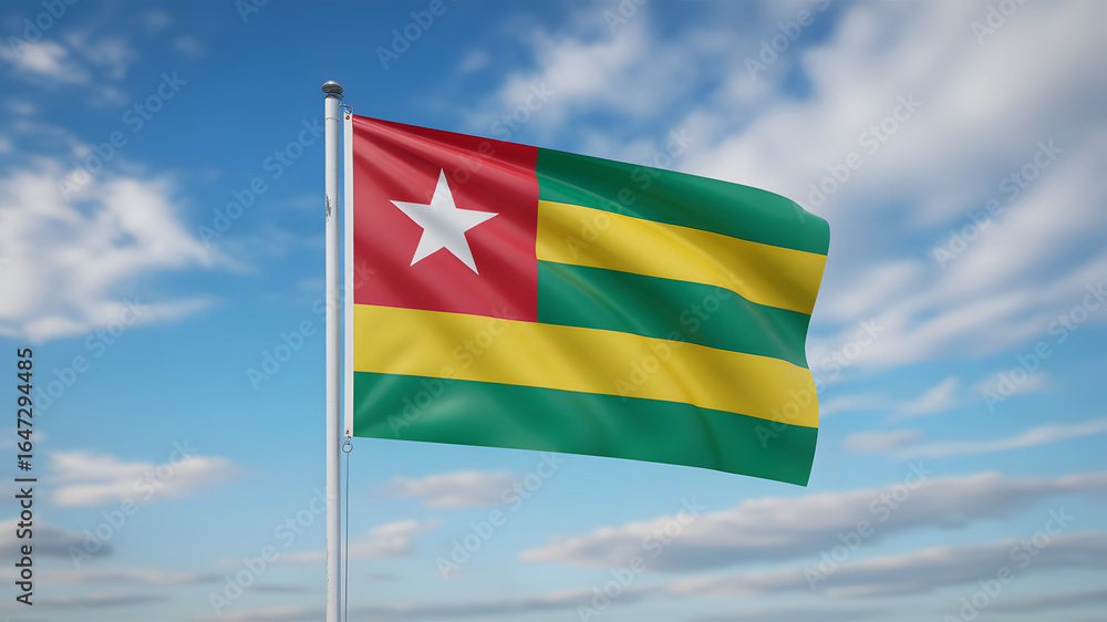 Naklejka premium Togo's proud flag waves majestically against a bright, cloudy blue sky, symbolizing national pride and heritage.