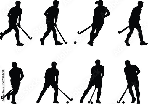 A collection of field hockey player silhouettes in various poses, running, hitting, and dribbling the ball, isolated on white background.