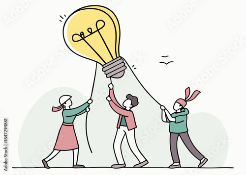 Teamwork to Achieve Success People Working Together to Lift a Lightbulb Illustrating the Power of Creative Ideas