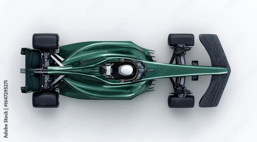 Fototapeta premium Top view of glossy dark green Formula One race car model against white background showcases its aerodynamic design. Formula one, sport, race car model
