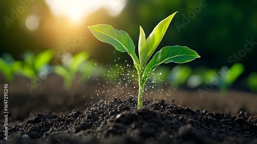 A fresh green plant seedling sprouting from the rich dark soil with sunlight filtering through the leaves symbolizing new growth renewal and sustainable agriculture in a natural environment