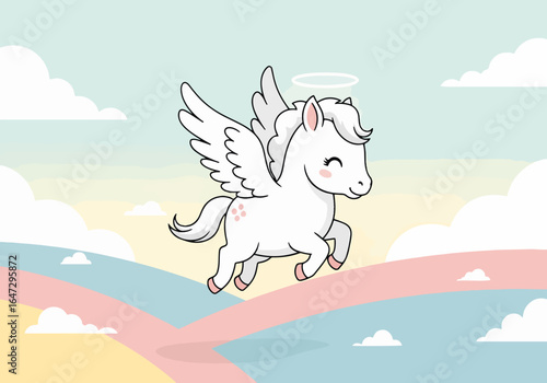 Cute pegasus flying in pastel landscape with clouds and rainbow. Minimalistic pegasus with wings captures innocence and wonder in dreamy surroundings.