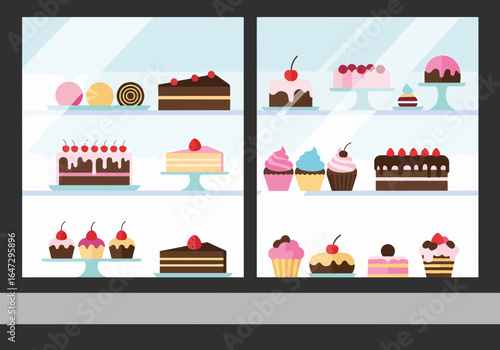 Minimalistic confectionery shop window featuring various delectable pastries and desserts including cakes, cupcakes, and ice cream.