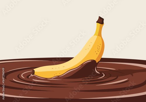 Minimalistic peeled banana dipped in chocolate, a delicious treat. Minimalistic treat is an indulgent dessert, peeled banana being submerged in a pool of rich, melted chocolate. Representing a simple,