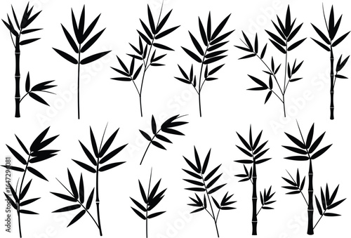  Black silhouettes of isolated bamboo leaves and sprigs, a collection of different shapes and sizes in a clean vector illustration.