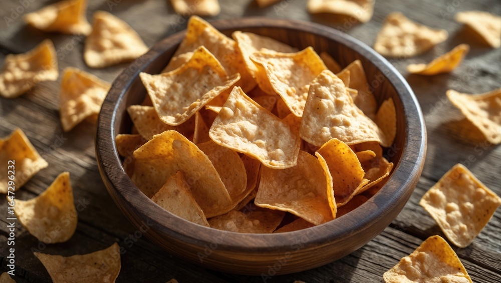 Bowl of tortilla chips with scattered chips around it on a wooden surface. Bowl of tortilla chips with scattered chips around it on a wooden surface.