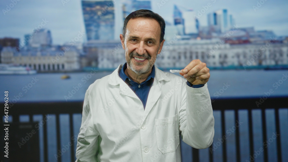 Fototapeta premium Mature dentist man holding aligner outdoors at promenade seaside with cityscape in background showcasing dental care in urban settings harmoniously combining profession and environment