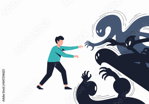 Person fighting nightmares, minimalist illustration of figure reaching to dark shadowy figures. Fighting nightmares, person confronts their fears and challenges in a surreal confrontation.