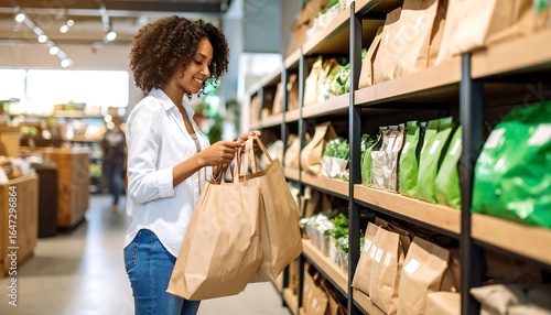 Smiling woman with reusable bags choosing products in a sustainable grocery store