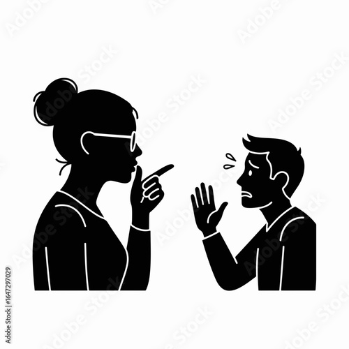 Silhouette of woman with glasses raising finger to upset man with hand extended. Silhouette woman scolding, man worried and showing emotion, trying to explain, or apologize for misdeeds.