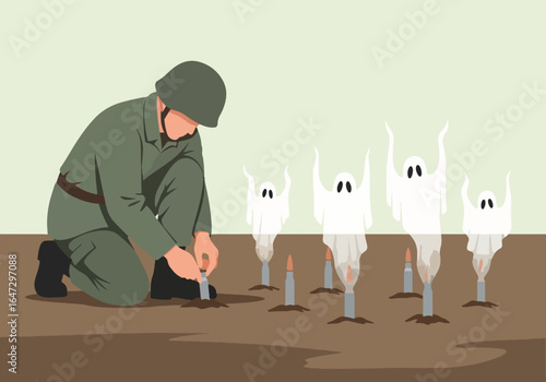 Soldier planting bullets to grow ghosts in symbolic scene, the soldier plants bullets into ground. Conceptual illustration of soldier planting bullets,