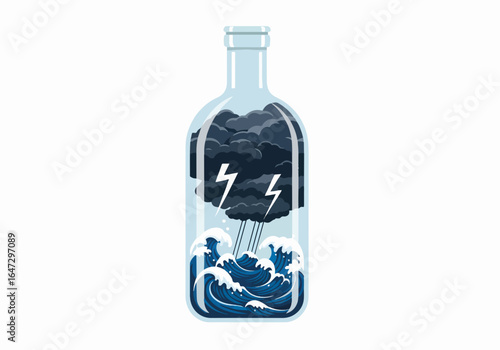 Storm in a bottle, minimalist vector illustration with dark clouds and powerful waves. Storm in a bottle depicts nature's fury contained in a glass vessel, echoing a sense of control and isolation.
