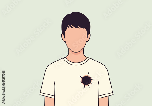 Conceptual art featuring teenager with hole in chest, minimalist design depicting inner emptiness and vulnerability, simple vector illustration highlighting psychological themes.