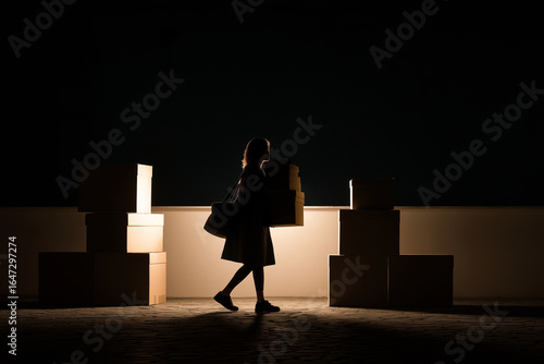 Empty boxes and a woman carrying them while moving is a casual aesthetic with very dim lighting.