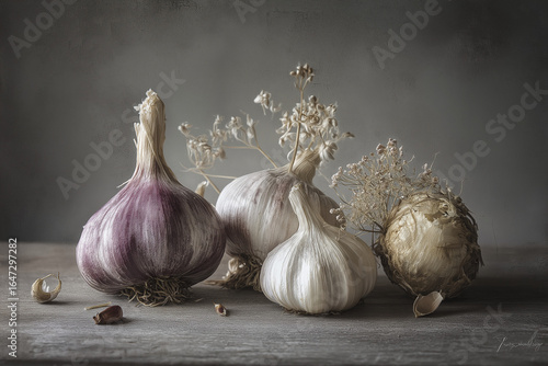 Rural still life of garlic and tomatoes with soft lighting and a bit of volumetrics on a gray and minimalist background