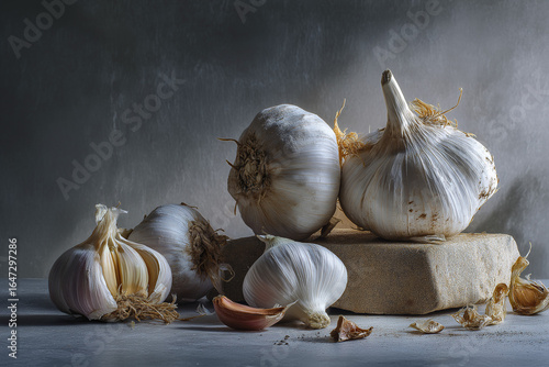 Rural still life of garlic and tomatoes with soft lighting and a bit of volumetrics on a gray and minimalist background