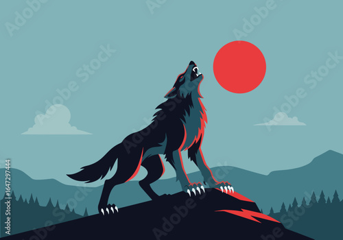 Werewolf howling at moon illustrated with dark wolf against eerie red moon and mountains. Werewolf howling at moon creates scene with an ominous tone, suggesting horror movie, Halloween,