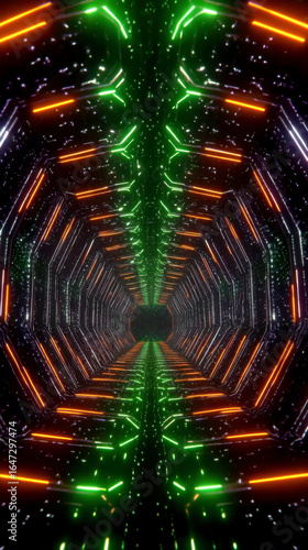 Vivid cosmic tunnel flows with glowing neon rays and swirling star particles, evoking a dynamic voyage through deep space and futuristic astral dimensions