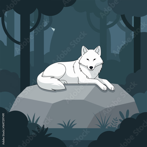 White wolf lying on rock in dark, nocturnal forest, flat styled artwork. White wolf relaxing on stone in forest setting, creating serene scene.