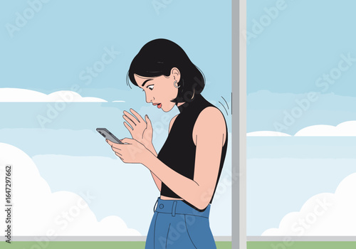 Woman bumps into pole while distracted by her smartphone outdoors in minimalist style. She is outdoors, looking at her smartphone, and bumps into a pole; she is in a minimalist outdoor setting,