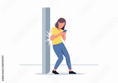 Woman walks into pole while using smartphone causing accident, depicting everyday mishap. Clumsy person focusing on her phone causes physical impact and minor injury. Woman walks into pole,