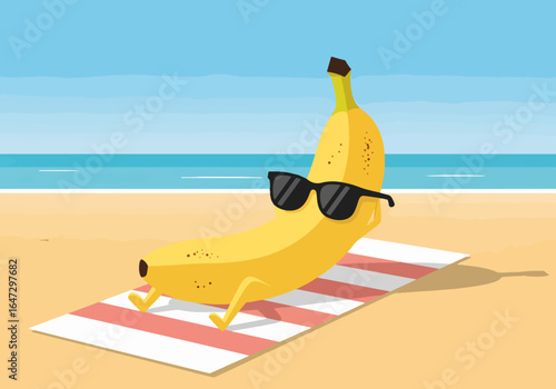 Yellow banana sunbathing on beach wearing sunglasses, tropical getaway is perfect summer vacation. Relaxing yellow banana sunbathing scene captures carefree beach vibes.