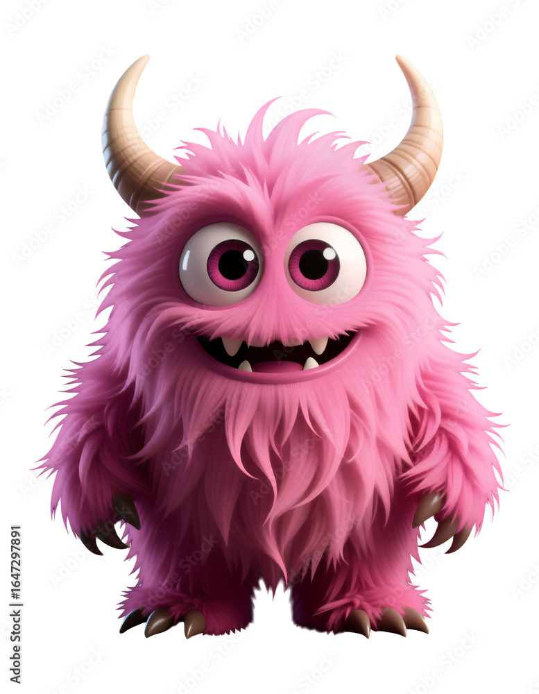 Obraz premium Pink Furry Monster with Horns, 3D Realism Illustration with Transparent Background