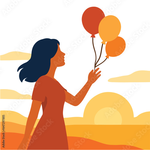 Woman letting go of balloons in sunset Illustration