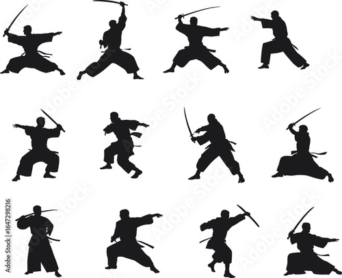 Martial arts sword fighting silhouette set, kendo kenjutsu warrior poses, samurai training stances, Japanese swordsmanship vector illustration, combat technique icons