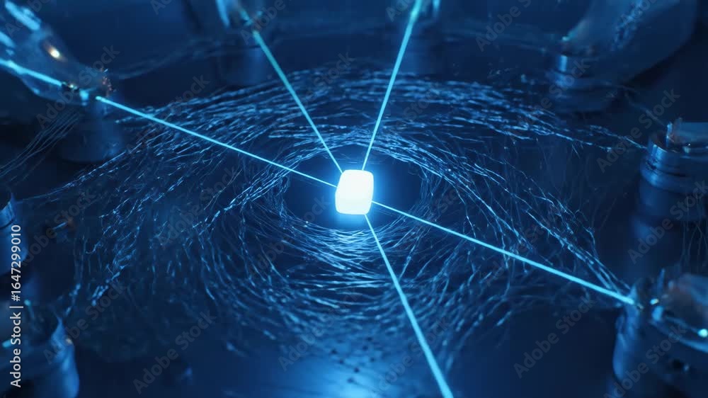 Quantum Computing: Glowing Qubit in Laser Web - A close-up cinematic ...