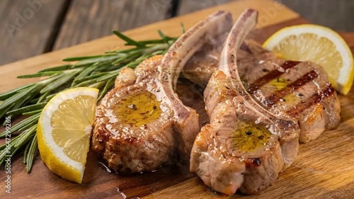 Two juicy lamb chops seasoned with fresh rosemary and lemon slices cooking on a flaming barbecue grill.