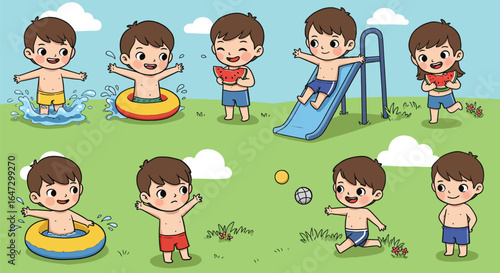 Cute cartoon boy enjoying various summer outdoor activities including swimming, sliding, and playing.