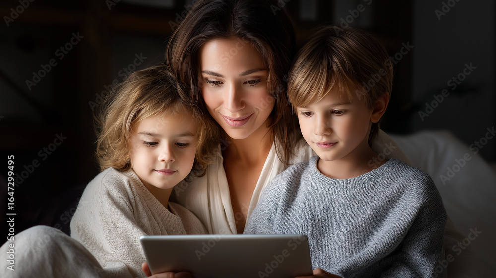 A mother and her kids enjoying time on a tablet together at home A mother and her kids enjoying time on a tablet together at home