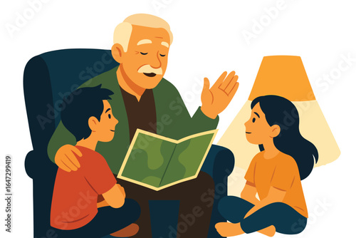 Old man telling stories to children Illustration