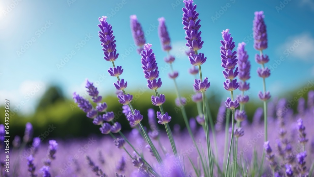 Naklejka premium Lavender flowers in a field with a clear blue sky and blurred green background. Nature and floral scene. The beauty of lavender in bloom.