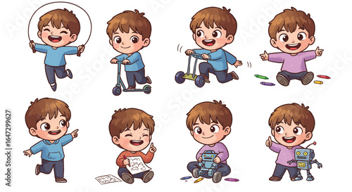 A set of eight cheerful cartoon illustrations featuring a young boy happily engaging in various childhood activities, including playing with a jump rope, rid...