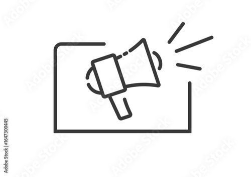Announcement media news speaker icon line stroko online on computer pc screen vector graphic illustration, laptop web loudspeaker marketing newsletter sign symbol outline linear thin simple

