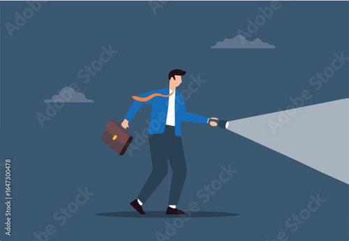 Flat illustration of businessman holds flashlight for guidance symbolizing mentorship and direction towards success