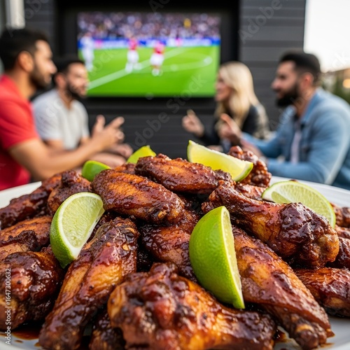 Friends enjoying delicious chicken wings while watching a sporting event