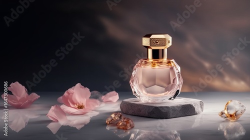 generic luxury roses perfume mockup glass bottle with golden chrome cap and pink crystal body on rock display, Generative AI