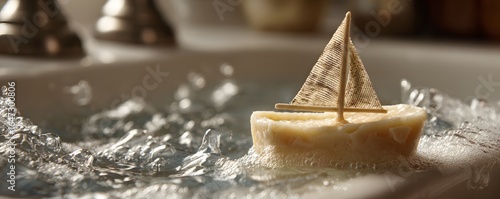 Homemade Soap Boat with Fabric Sail Floating in Bubbly Water