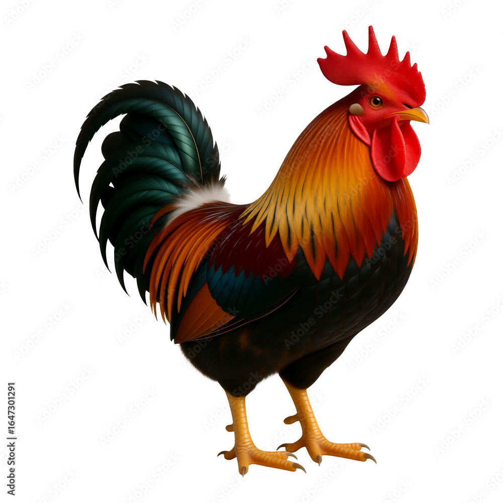 Fototapeta premium Vibrant Orange Rooster with Red Crest, Transparent Background, 3D Realism Illustration