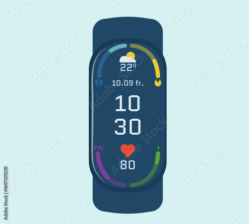 Sports smart watch, realistic fitness bracelet, vector, flat design, Fitness tracker. Pedometer with activity indicator