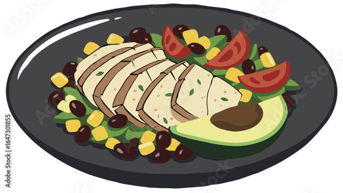 Delicious chicken salad recipe with avocado tomato corn and black beans for healthy eating diet plan