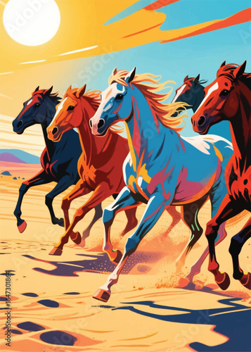 horses running in the desert Illustrator Artwork design template poster