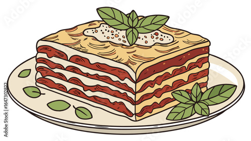 Delicious lasagna recipe illustration with basil garnish on plate italian food drawing art 95