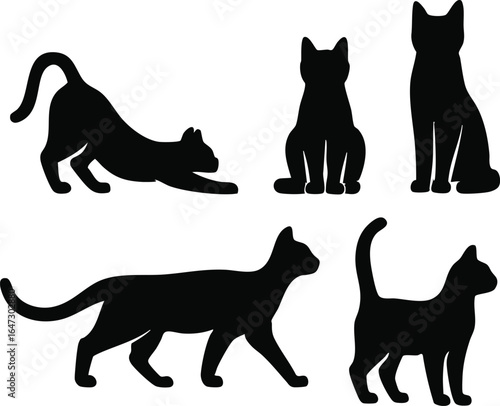Graceful feline silhouettes capture elegant cat poses for creative projects