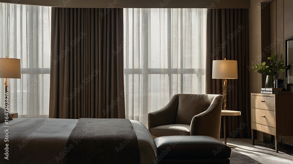 Obraz premium A serene bedroom featuring neutral tones with an armchair and soft window light creating a calm space