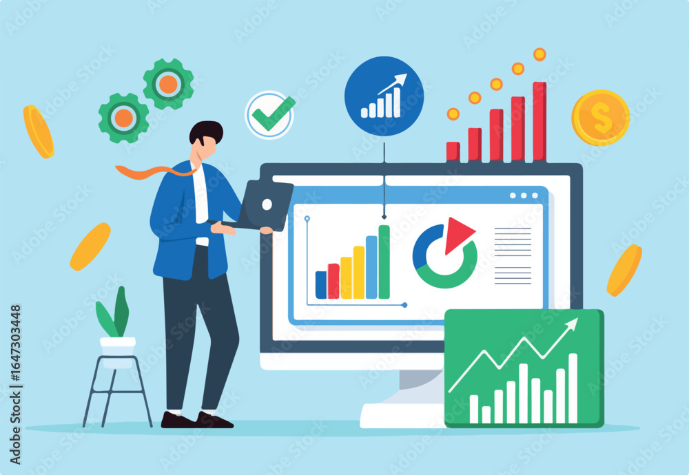 Profitability analysis, evaluating business, identifying cost-saving opportunities, profit margins optimization concept vector illustration. Analyst analyzing financial charts and graphs Profitability analysis, evaluating business, identifying cost-saving opportunities, profit margins optimization concept vector illustration. Analyst analyzing financial charts and graphs