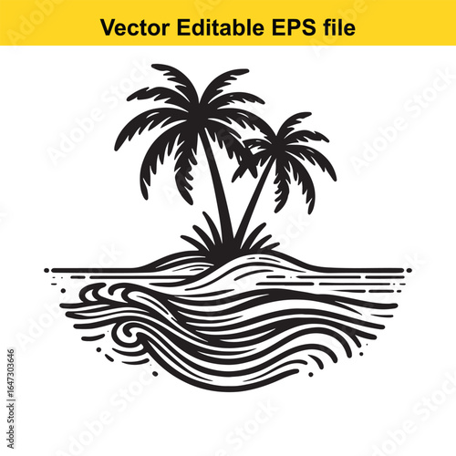 Island, beach, palm palm trees on a small island with waves, isolated on white background